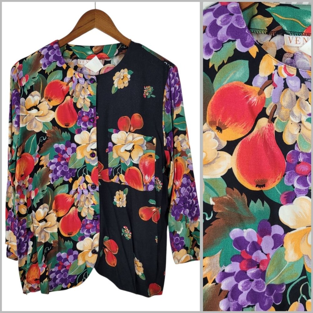 Vintage Top Plus Size 14 16 1X Floral Fruit Button Up Romantic Art To Wear Alt